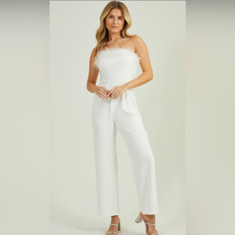 Altar'd State White Feather-Trim Strapless Wide-Leg Jumpsuit